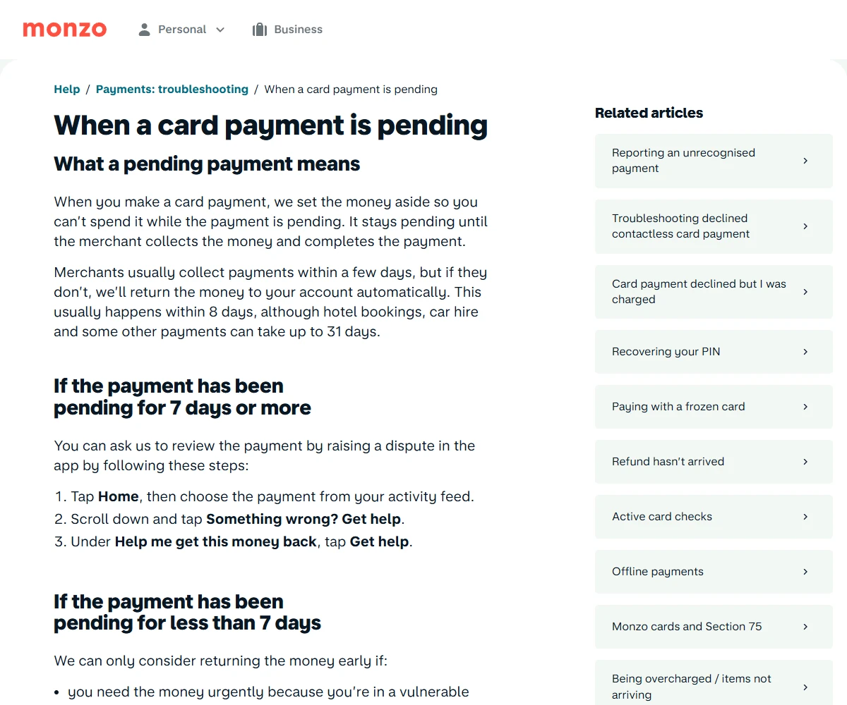 英国数字银行 Monzo 关于待处理卡支付的帮助页，写明一般 8 天内退回，酒店预订和租车最长可到 31 天