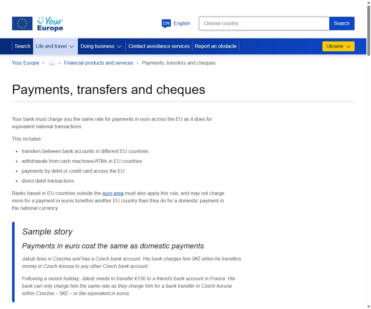 The EU's Your Europe page on payments, transfers and cheques, listing cash machine withdrawals and debit or credit card payments across the EU under one charging rule